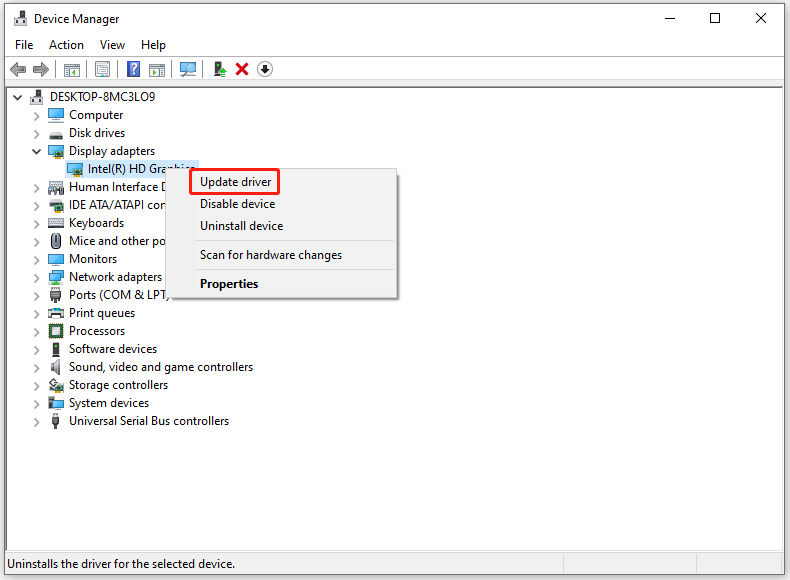 The Device Manager window with the Update driver option selected for the graphics card.