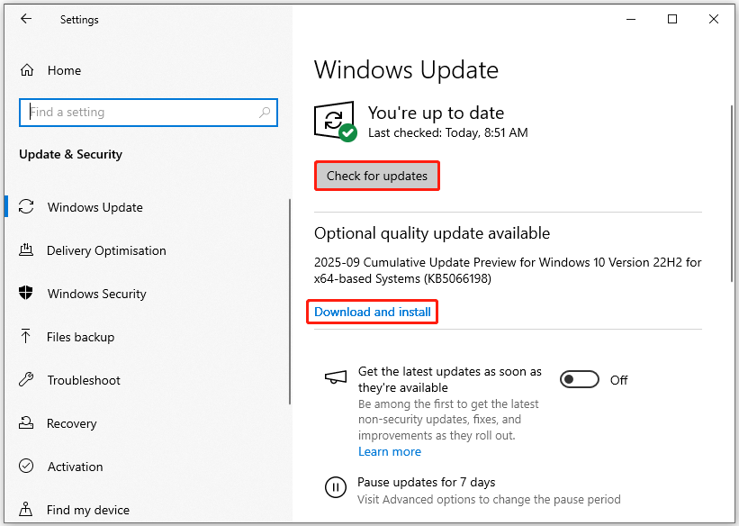 The Check for updates and Download and Install options selected in Windows Settings