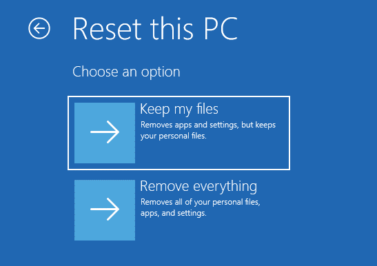 The Reset this PC window with the Keep my files option selected.
