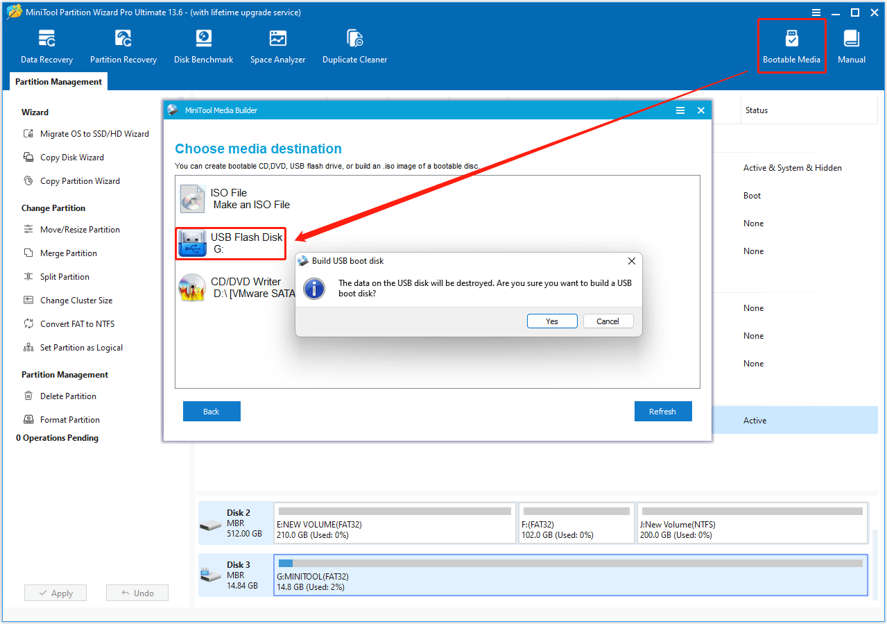 The interface of the USB Flash Disk selected to create a bootable USB in MiniTool Partition Wizard.