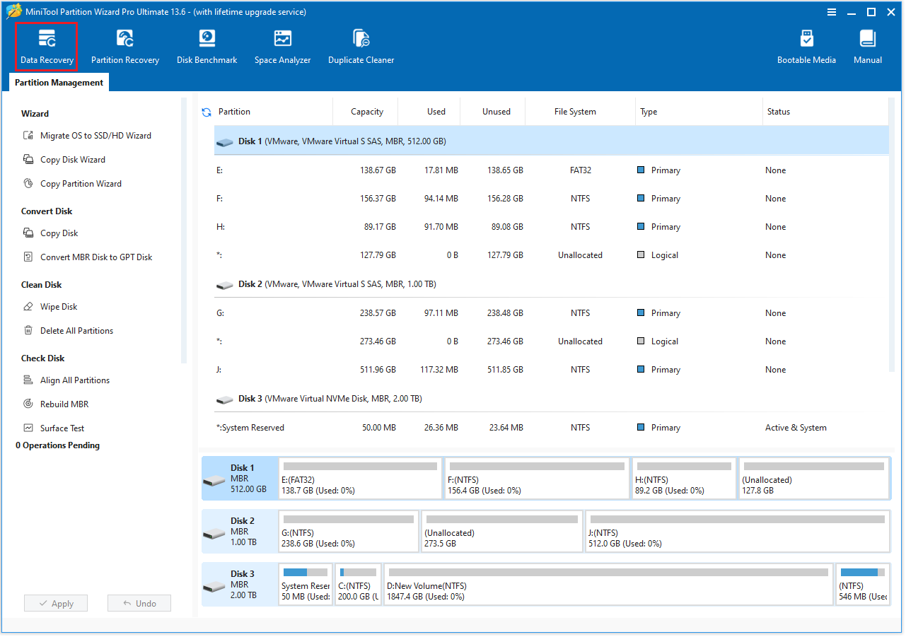 The MiniTool Partition Wizard interface with the selected Data Recovery option.