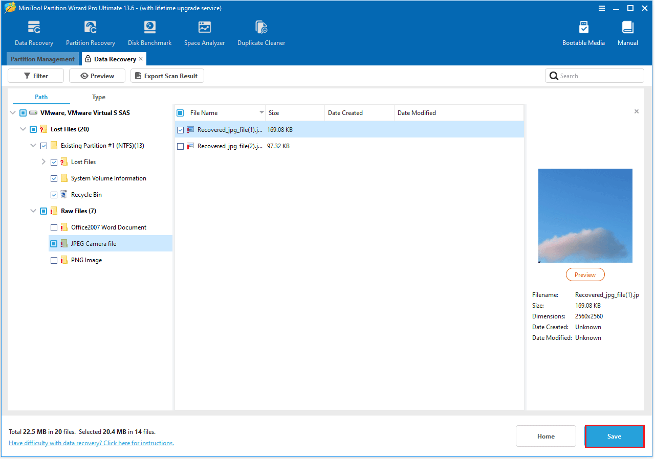 The Data Recovery interface with the selected Save option.