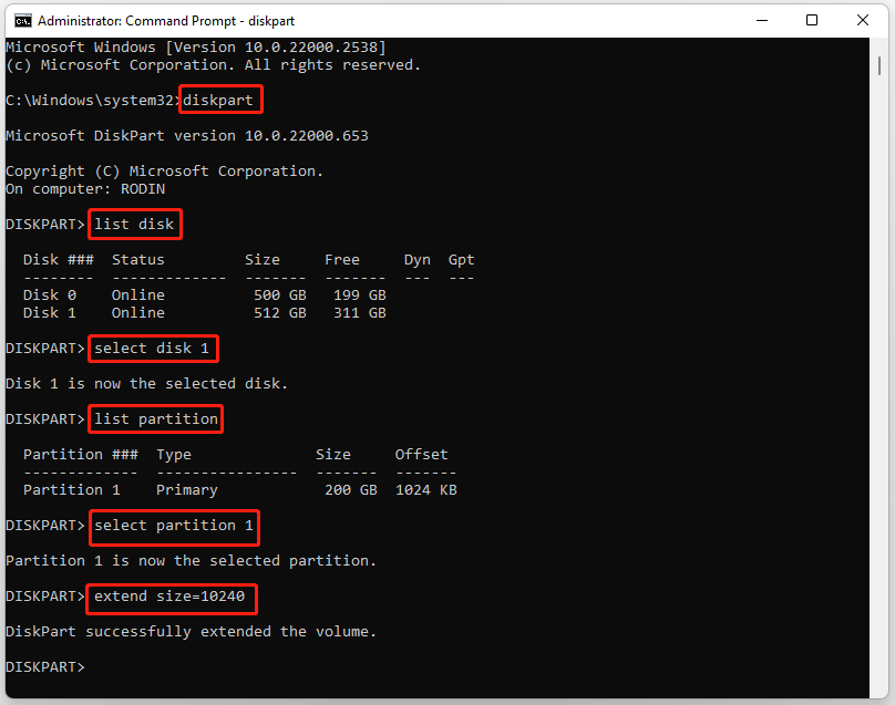 The DiskPart window with the extend partition commands.