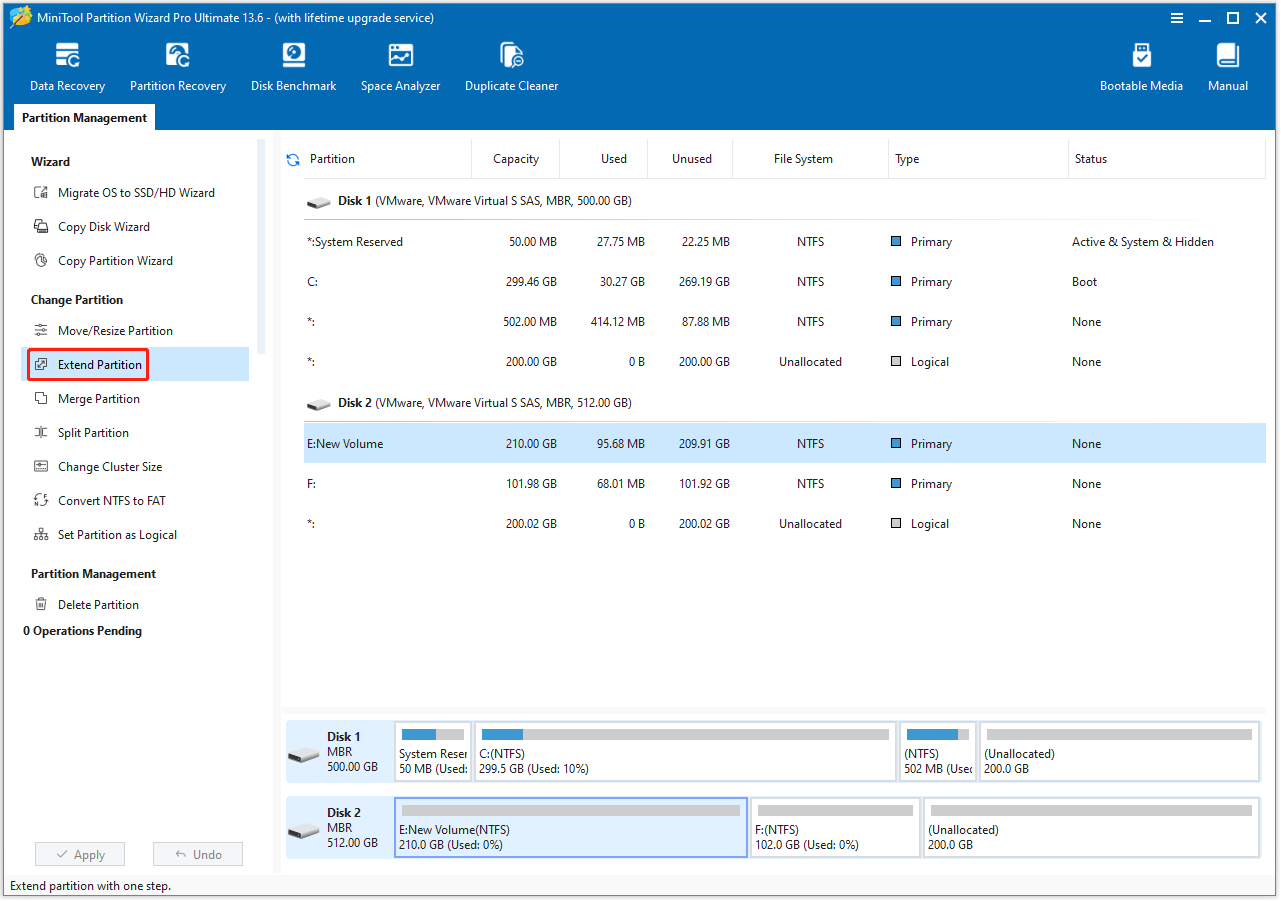 The MiniTool Partition Wizard main interface with the Extend Partition feature selected in the left action panel.