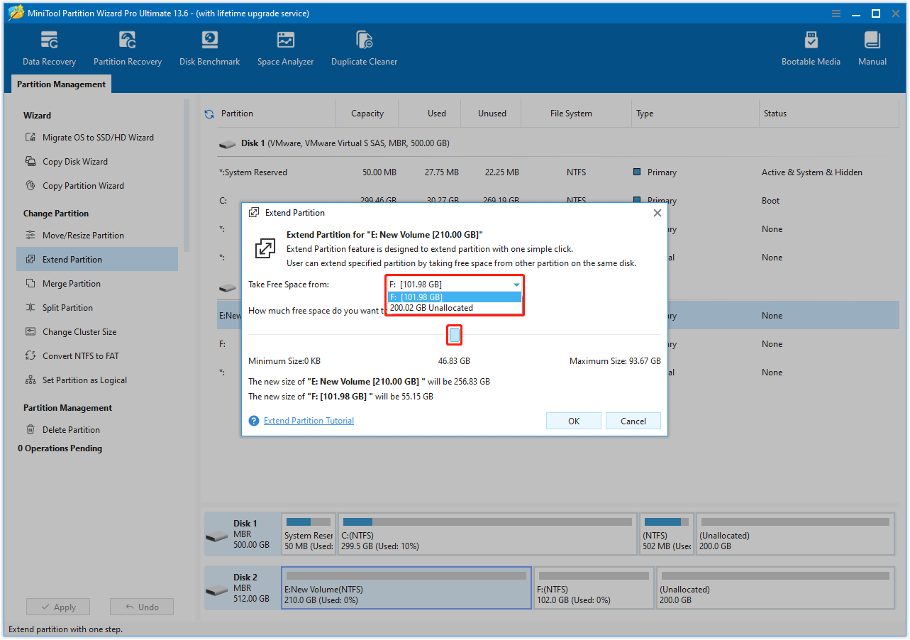 The MiniTool Partition Wizard interface with the option to take space from and use the sliding handle to specify how much space.