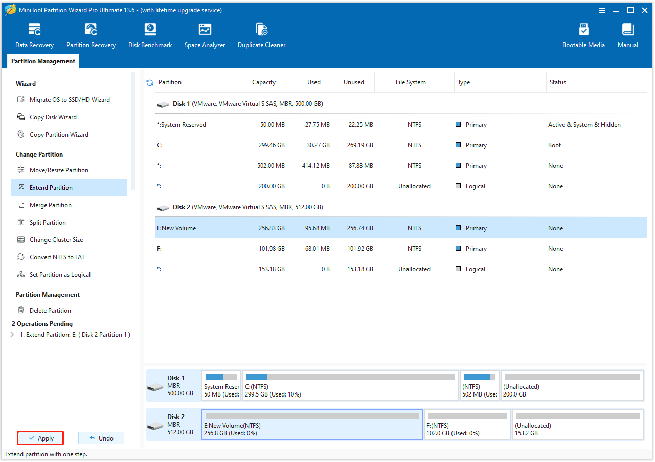 The MiniTool Partition Wizard main interface with the Apply option selected in the bottom left corner.