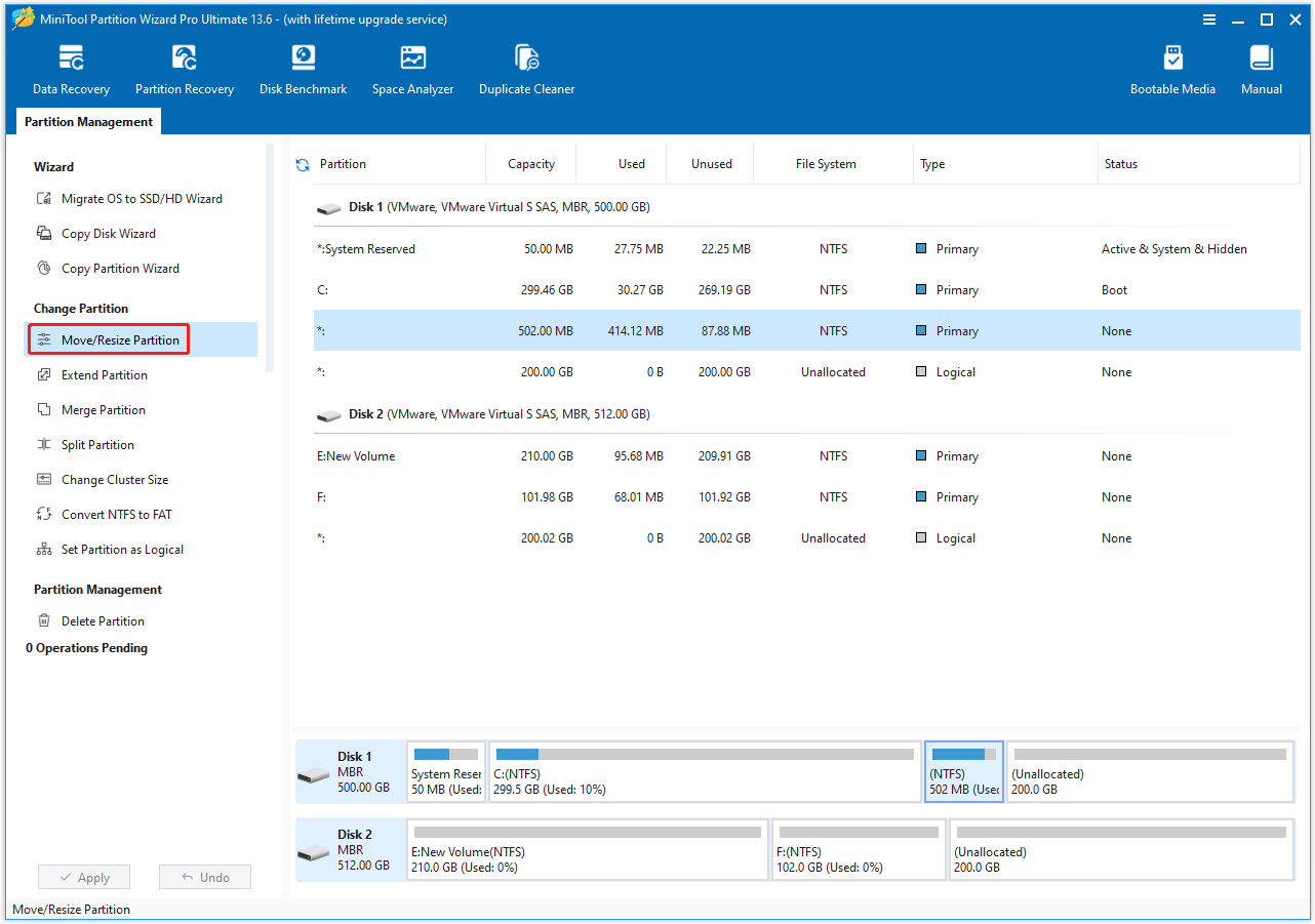 The MiniTool Partition Wizard interface with the Move Resize Partition option selected in the left action panel.
