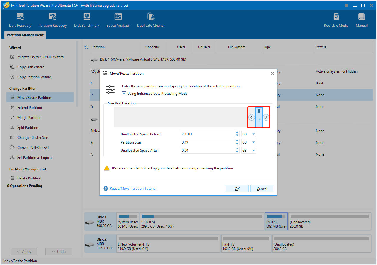 The Move Resize Partition window with the blue handle selected to move, shrink, or extend in MiniTool Partition Wizard.