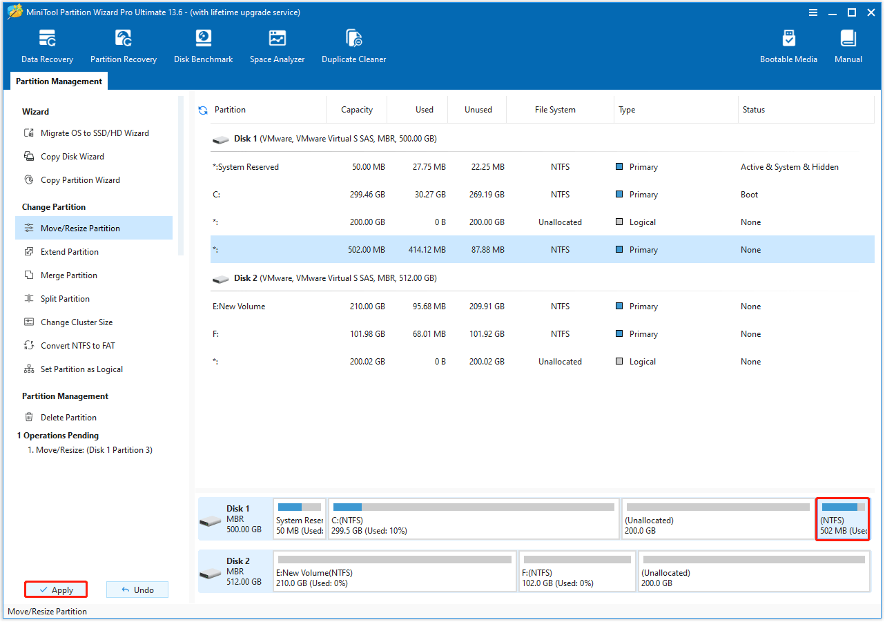 The MiniTool Partition Wizard interface with the recovery partition and Apply option selected.