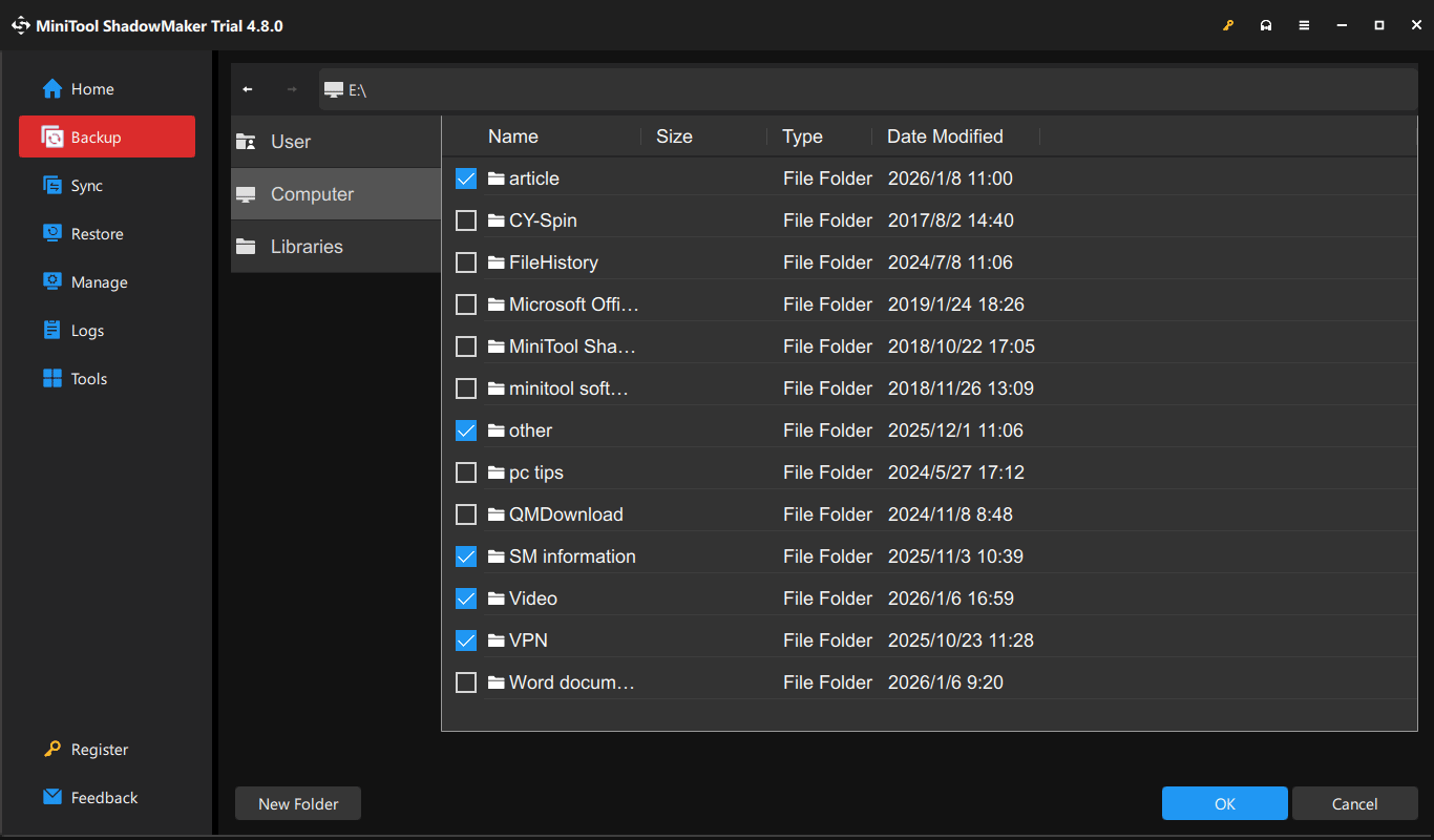 The MiniTool ShadowMaker backup computer interface with the selected OK option.