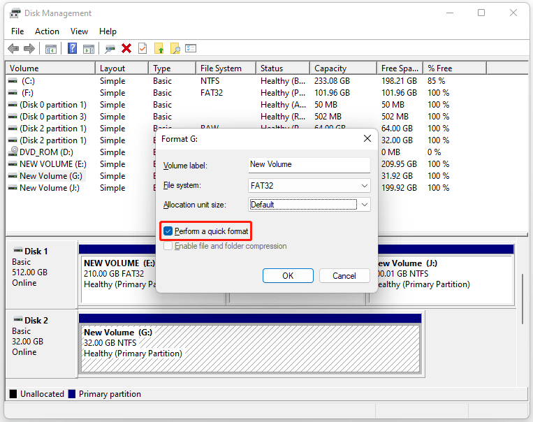 The Disk Management interface with the box of the Perform a quick format option selected.