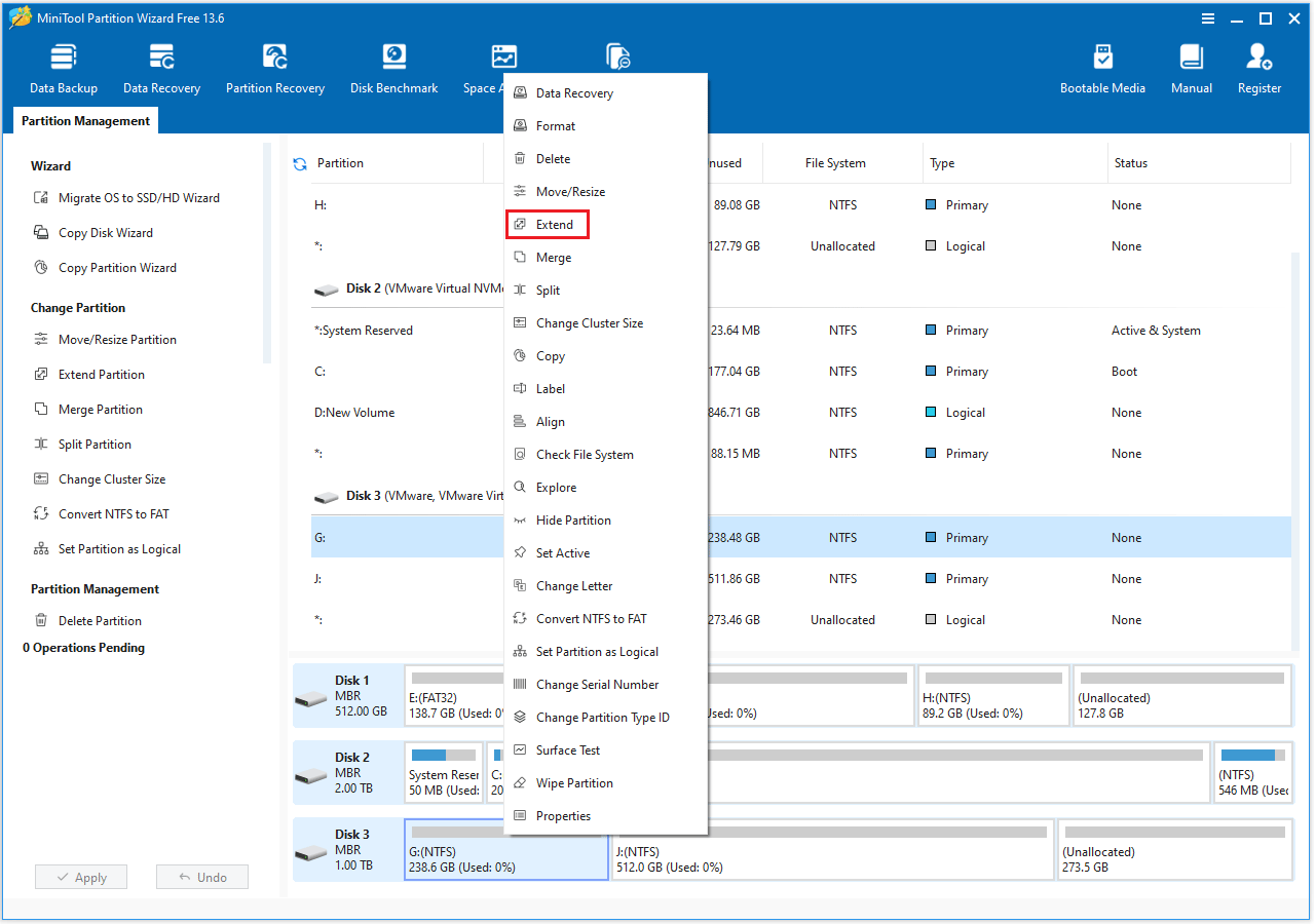 The MiniTool Partition Wizard interface with the selected Extend option.