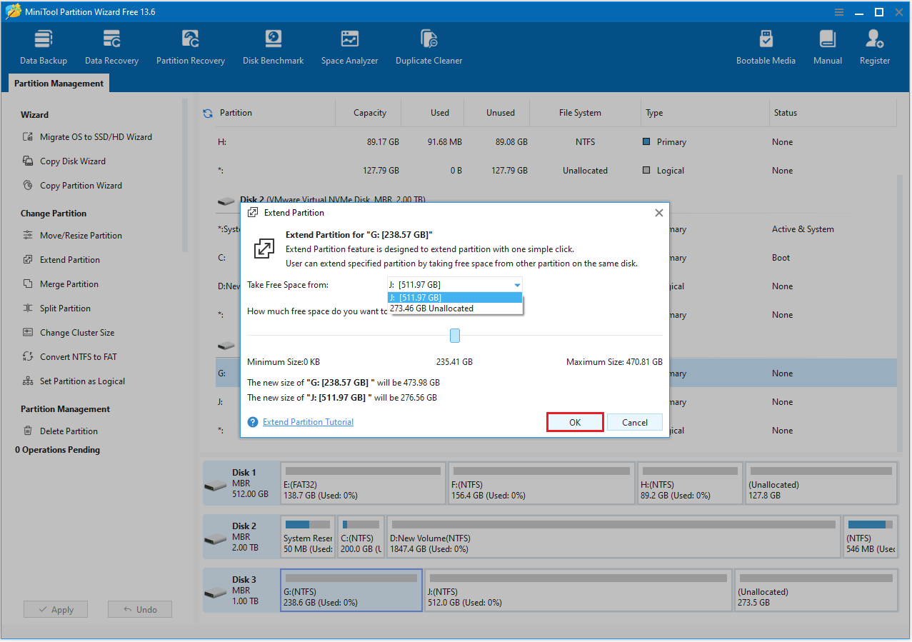 The Extend Partition interface with the selected OK option.