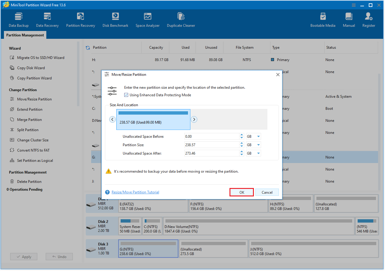 The Move or Resize Partitions interface with the selected OK option.