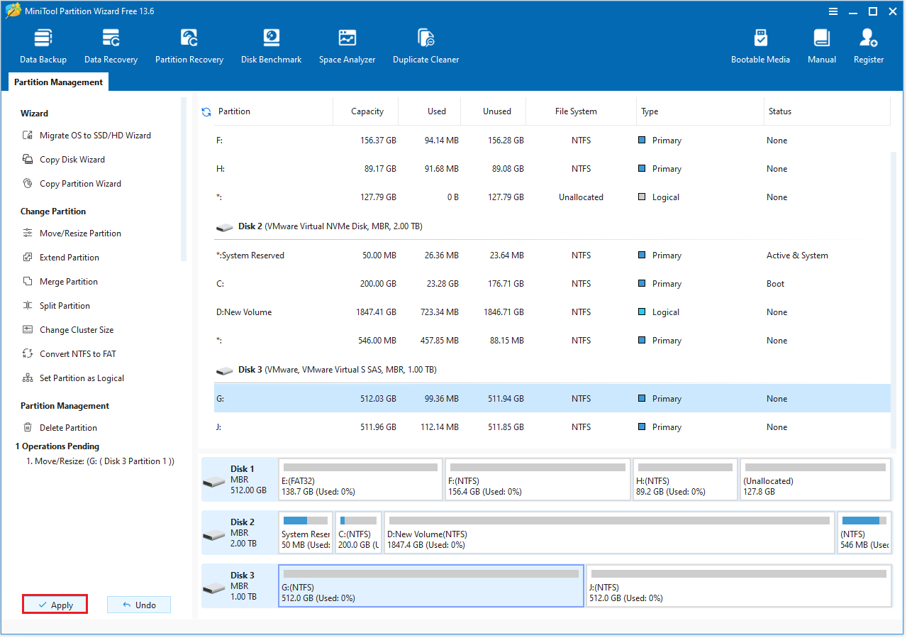 The MiniTool Partition Wizard interface with the selected Apply button.