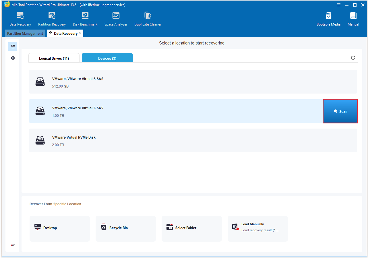 The Devices interface with the selected Scan option.