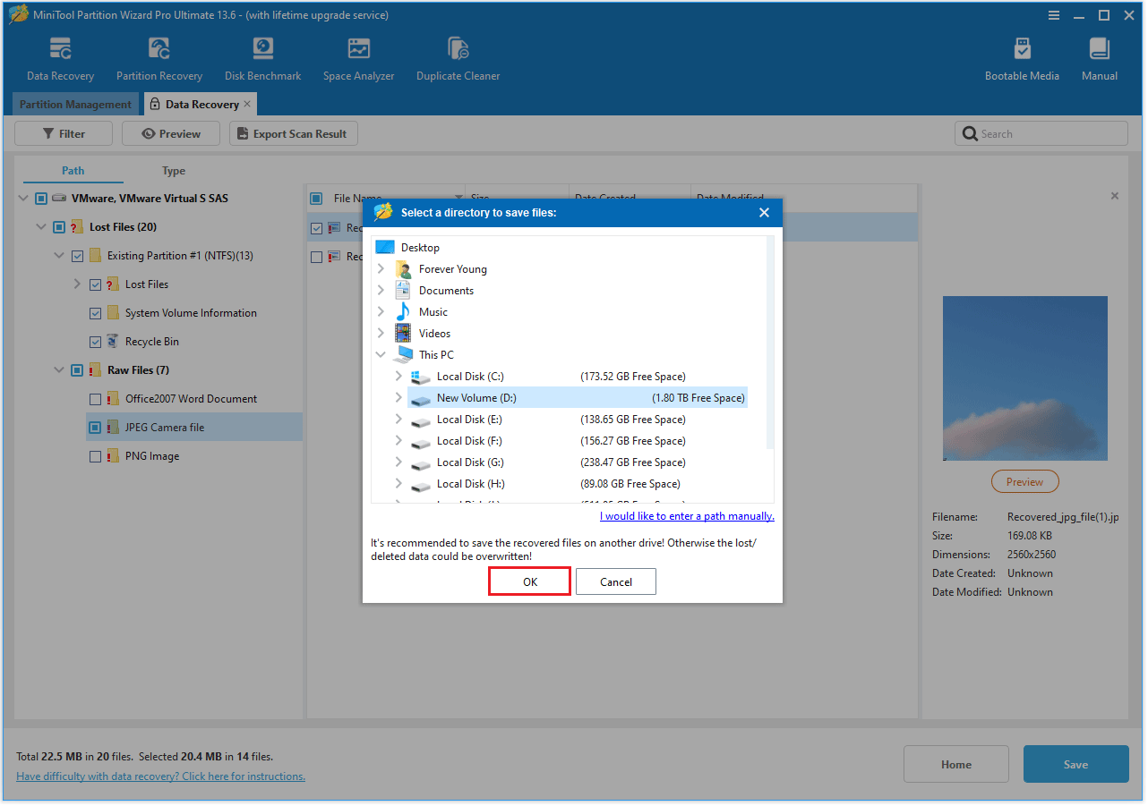 The Selected a directory to save files interface with the selected OK option.