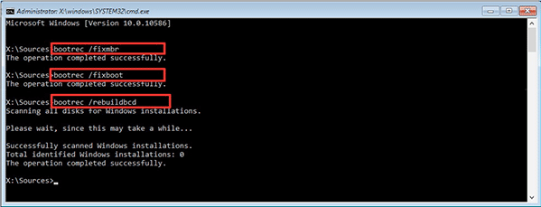 The Command Prompt interface and type the command line to fix MBR.