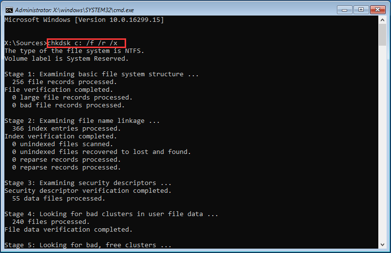 The cmd interface and type the command line to check the disk error.
