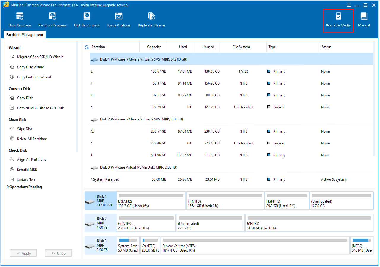 The selected Bootable Media option in the upper-right corner of the MiniTool Partition Wizard interface.