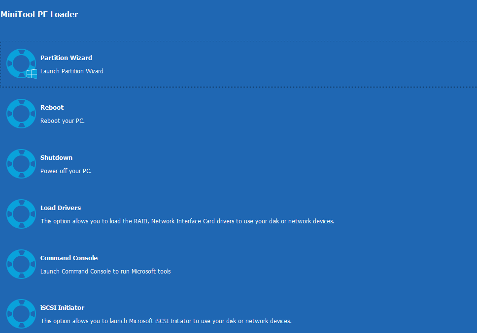 The MiniTool PE Loader interface with the selected Partition Wizard option.