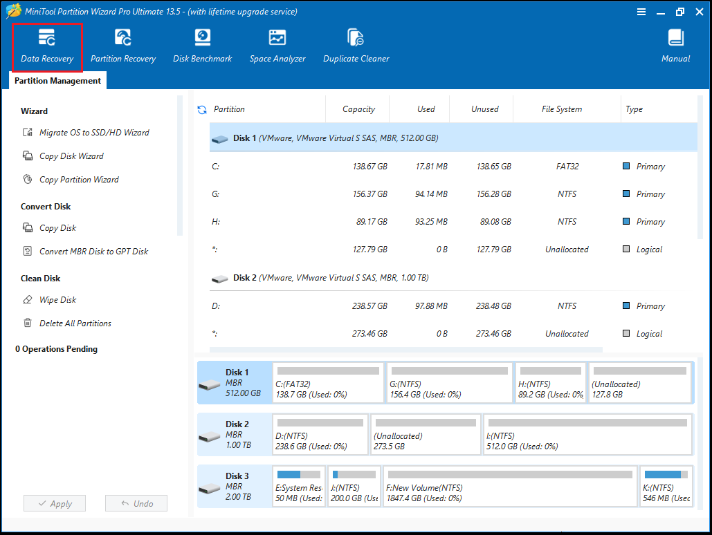 The MiniTool Partition Wizard interface with the selected Data Recovery option.