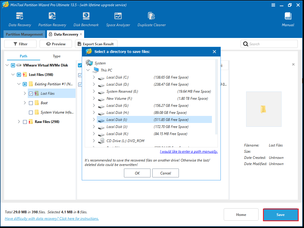 The Select a directory to save files interface with the selected OK option.