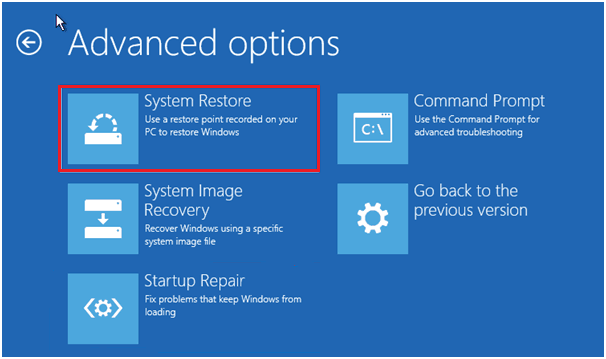 The Advanced options with the selected System Restore option.