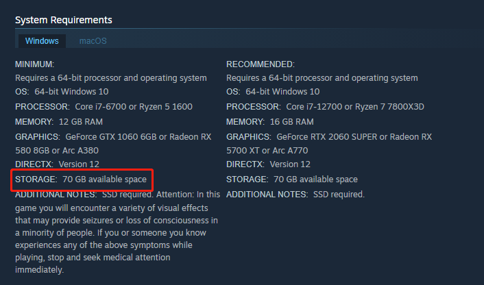 Steam page showing Cyberpunk 2077 storage requirement of 70 GB.