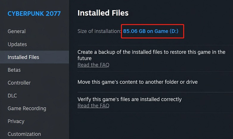 Cyberpunk 2077 installation size of 85.06 GB on Steam.
