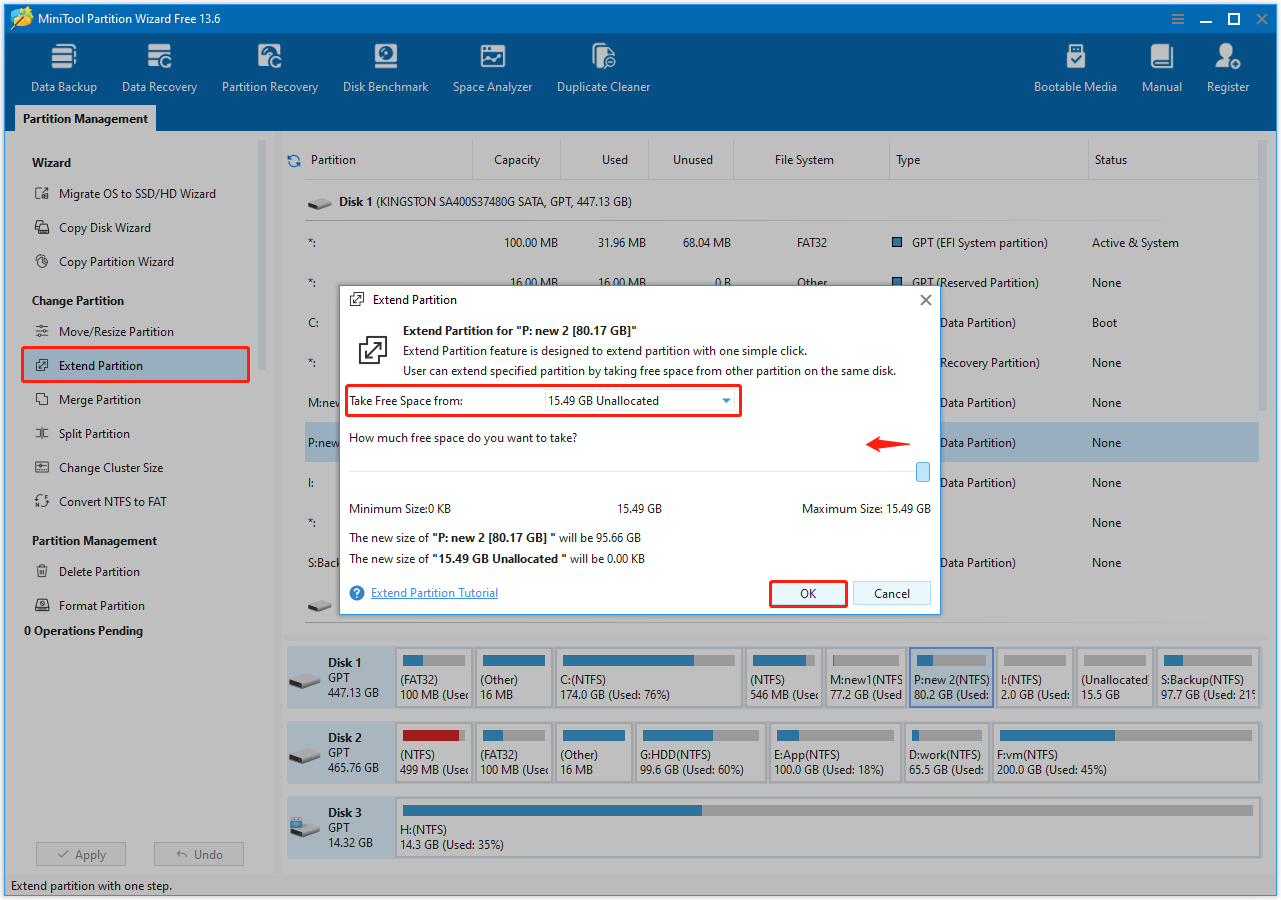 Extend Partition window in MiniTool Partition Wizard showing space allocation slider.