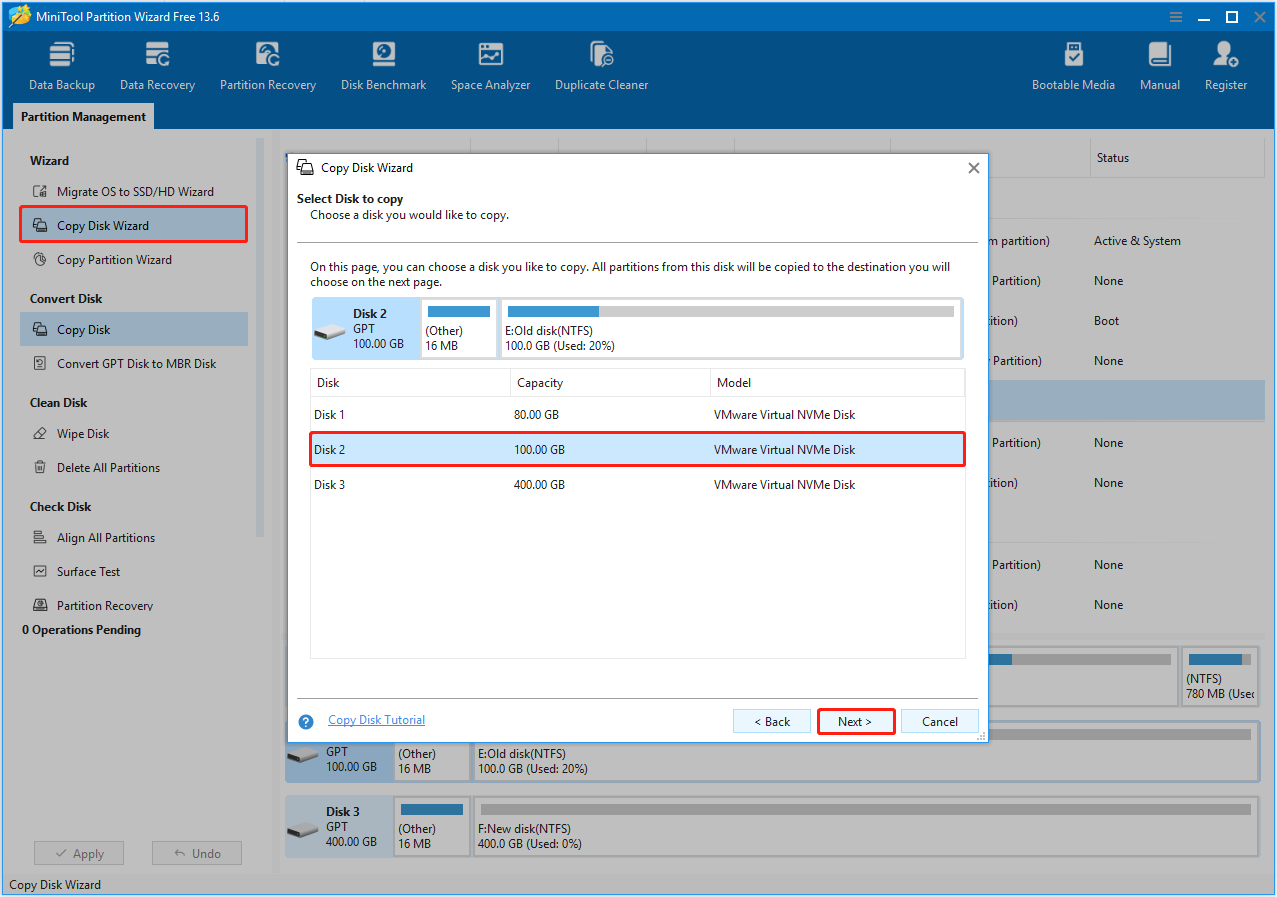 MiniTool Partition Wizard Copy Disk Wizard interface with the 100 GB disk highlighted.