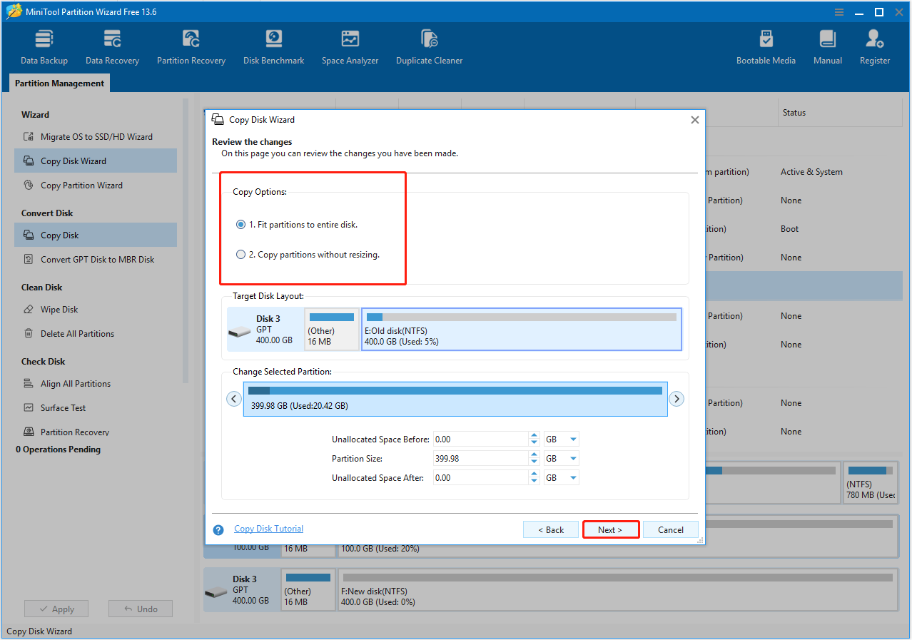MiniTool Partition Wizard Copy Disk Wizard interface with the copy options highlighted.