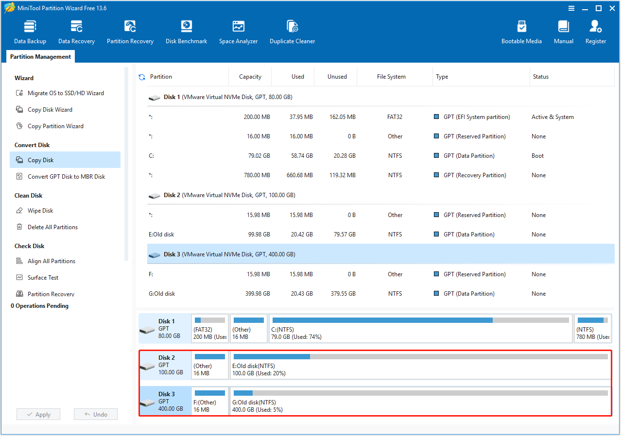 MiniTool Partition Wizard interface showing disk copy results with two disks sharing the same name.
