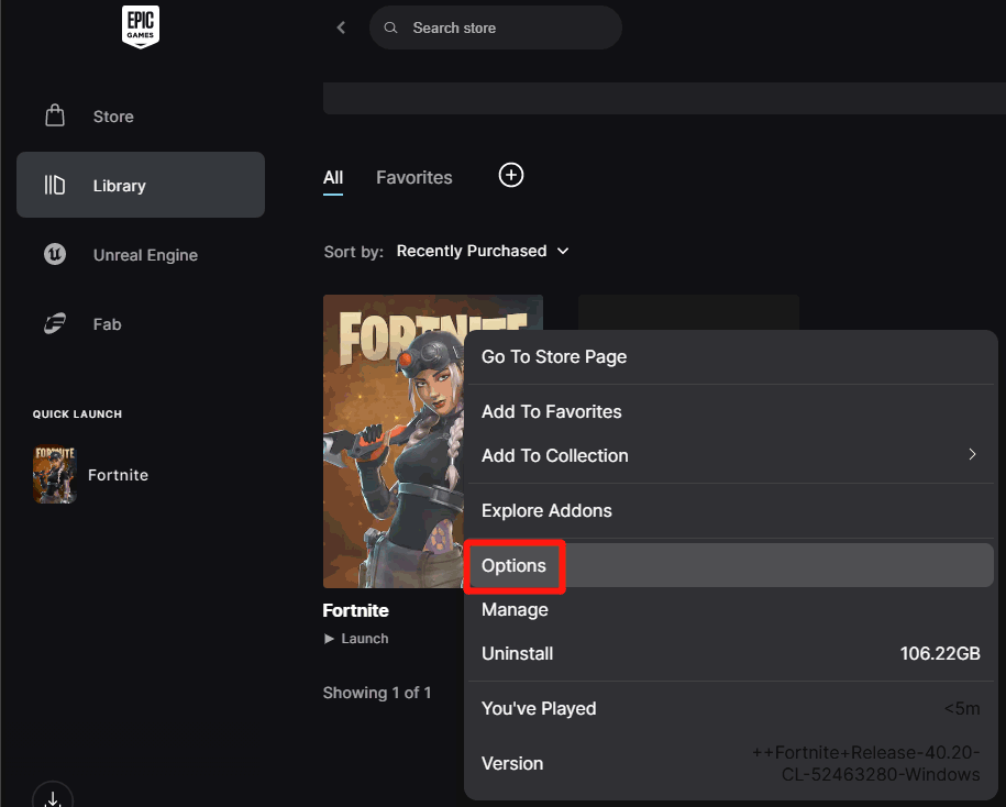 The Library interface in the Epic Games Launcher with Options selected for Fortnite.