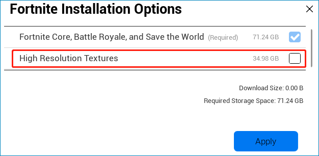 The Fortnite Installation Options interface with the High Resolution Textures option unchecked.