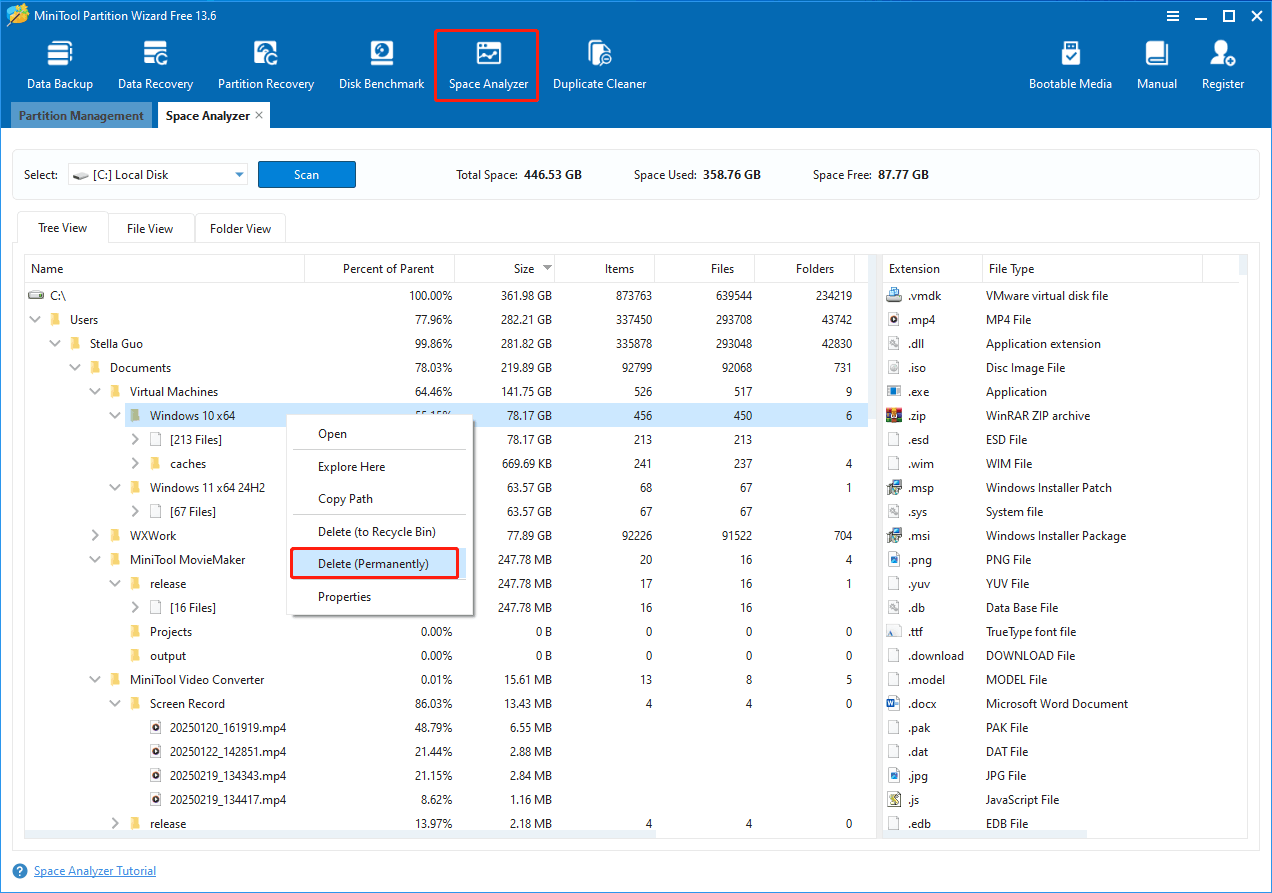 The Space Analyzer interface within MiniTool Partition Wizard, along with a large file selected and Delete highlighted from the context menu.