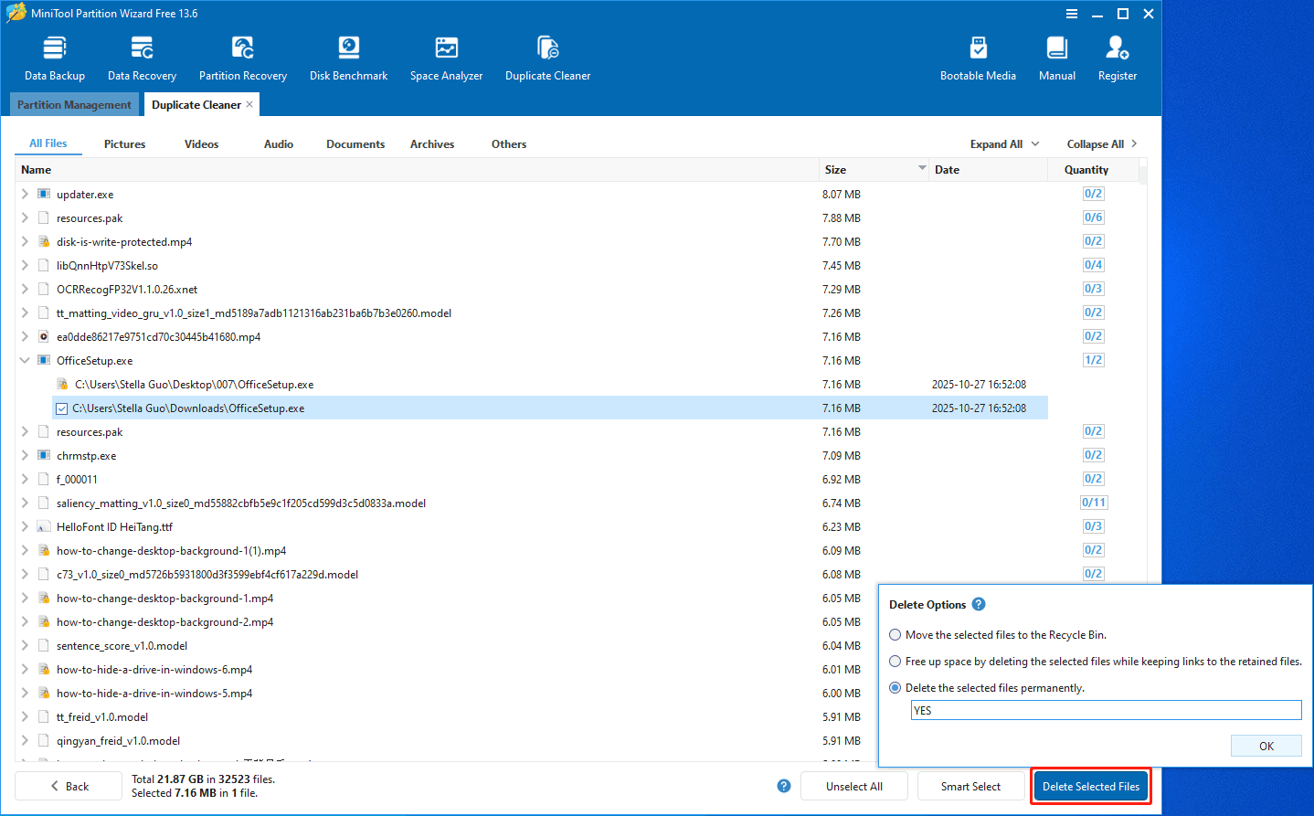 The Duplicate Cleaner scan result interface within MiniTool Partition Wizard, along with a duplicate file is selected and the Delete the selected files permanently option is ticked for deletion.