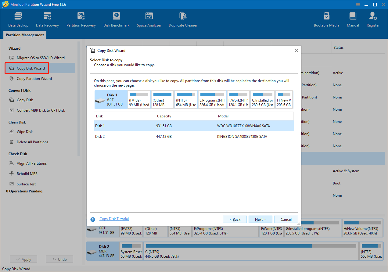 The MiniTool Partition Wizard interface with Copy Disk Wizard opened.
