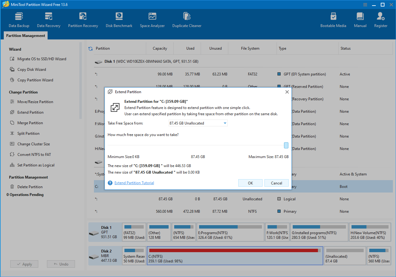The MiniTool Partition Wizard interface with the Extend Partition feature opened.