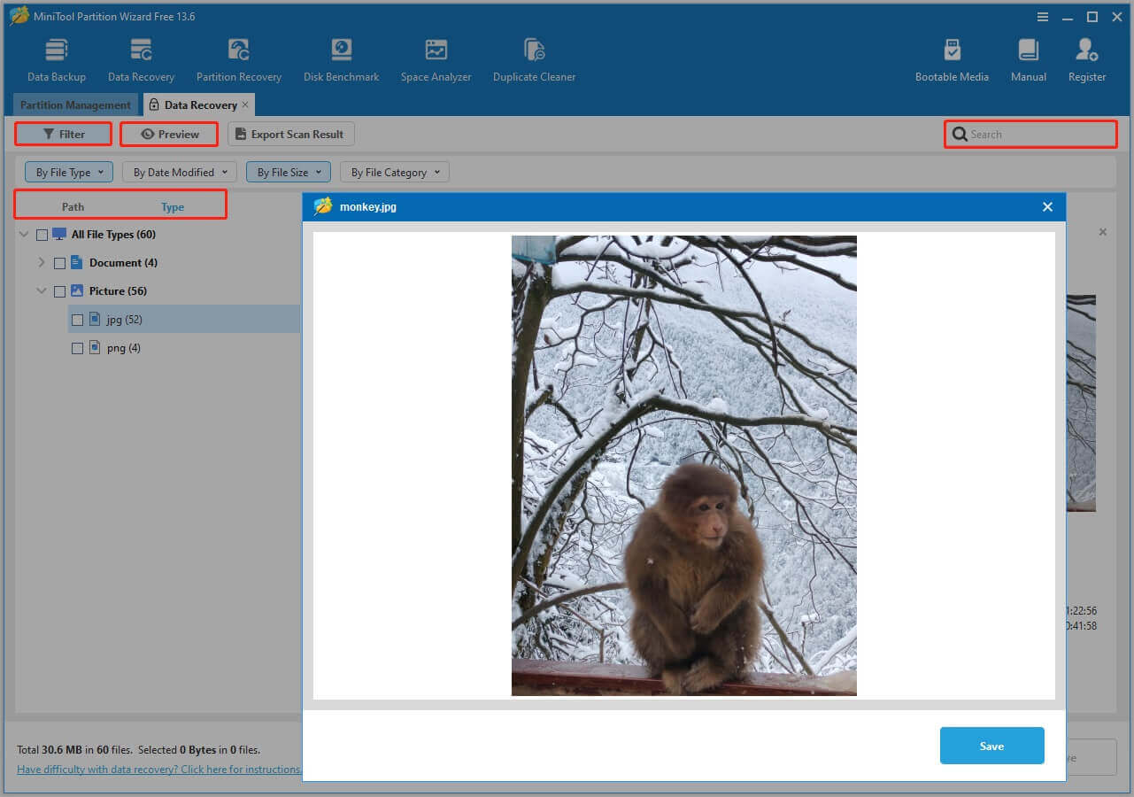 MiniTool Partition Wizard interface showing a preview window, with the Filter, Preview, Search, Path, and Type highlighted.