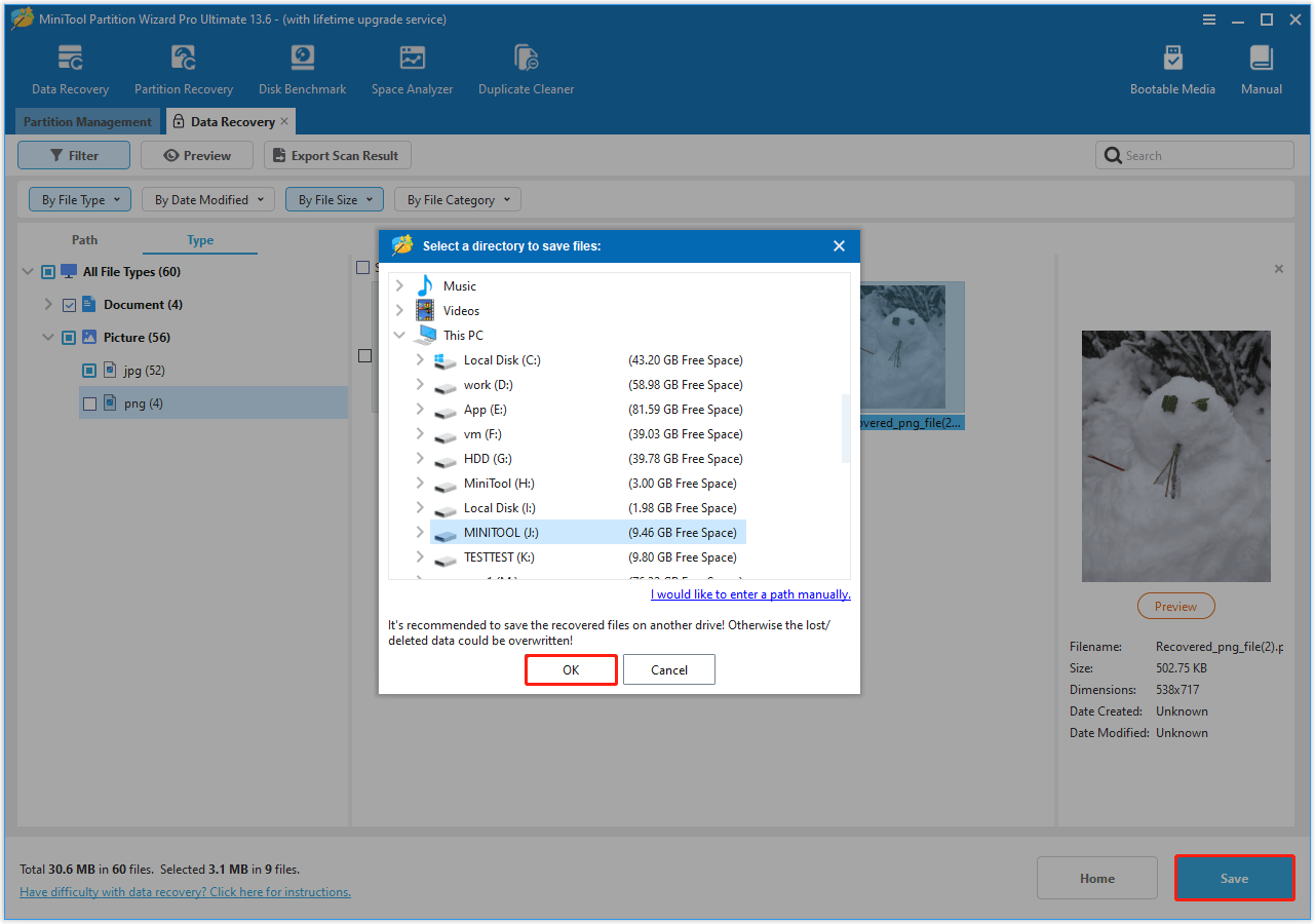 MiniTool Partition Wizard interface with the Save button selected, showing a file saving window.