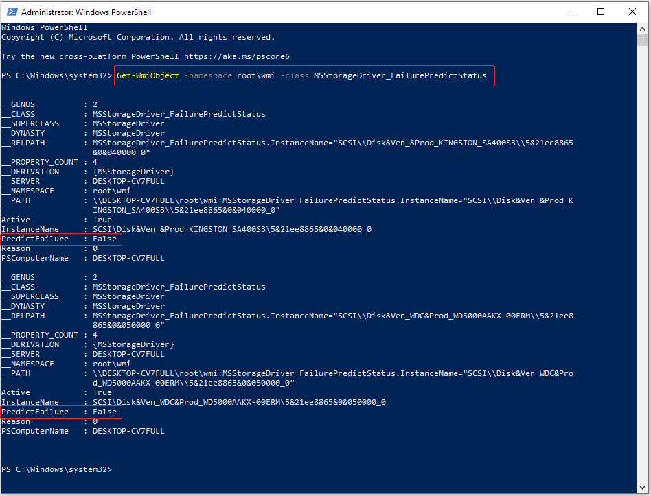 Windows PowerShell interface displaying the results of a disk health check performed using a WMI command.