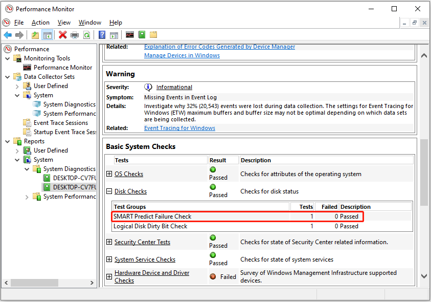 Performance Monitor interface showing the value of SMART Predict Failure Check.