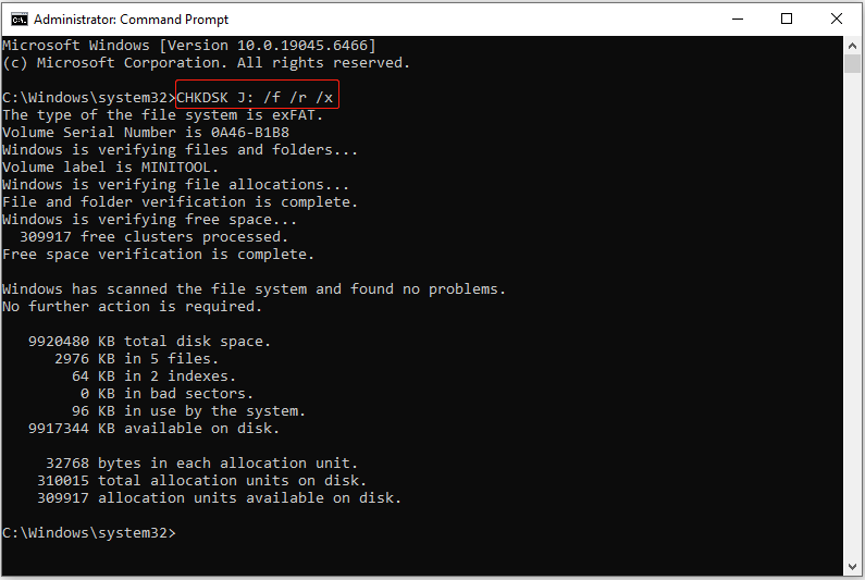 Command Prompt window showing the CHKDSK command performed on the J drive to check and repair file system errors.