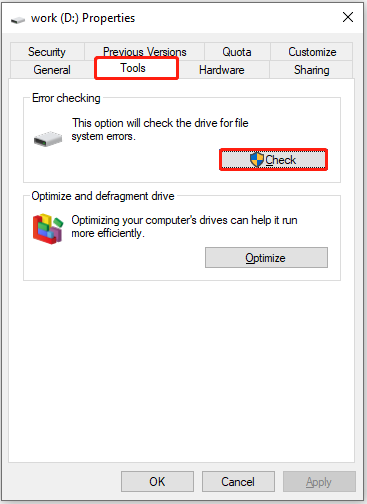 The disk properties window opened to the Tools tab, with the Check button highlighted.