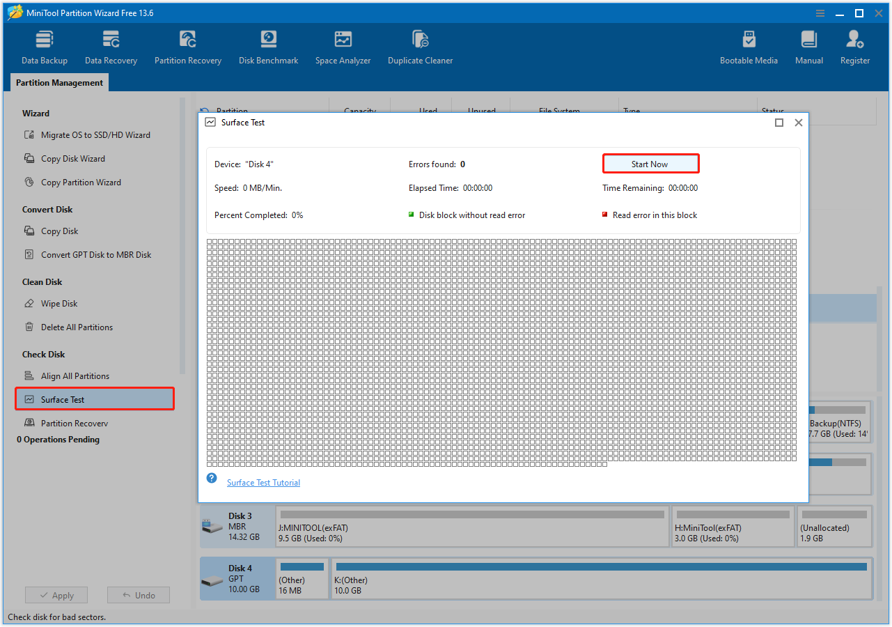 MiniTool Partition Wizard interface with the Surface Test and Start Now buttons highlighted.