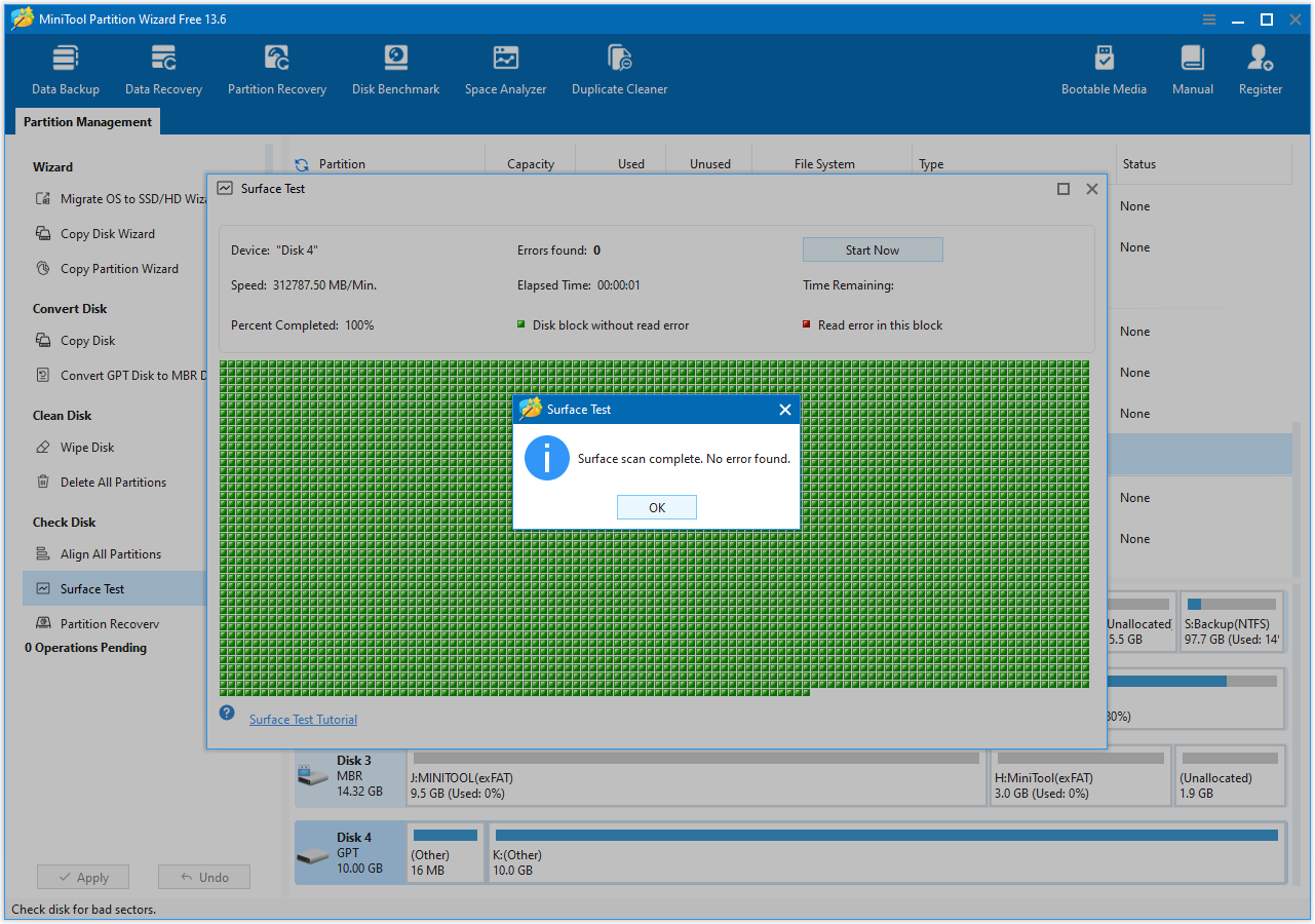 MiniTool Partition Wizard interface showing the surface test result, with no errors detected.
