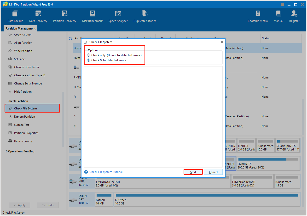 MiniTool Partition Wizard interface with the Check File System button selected, showing two file system check options.