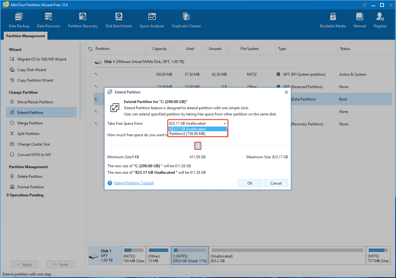 MiniTool Partition Wizard interface with the Extend Partition window.